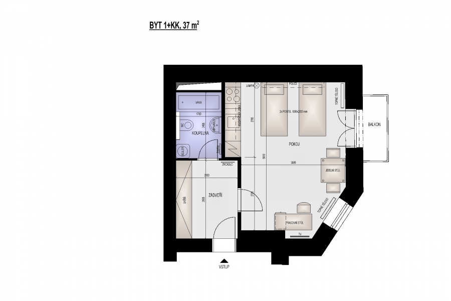 Pronájem  bytu v Brně 1+kk s balkonem, 38 m2